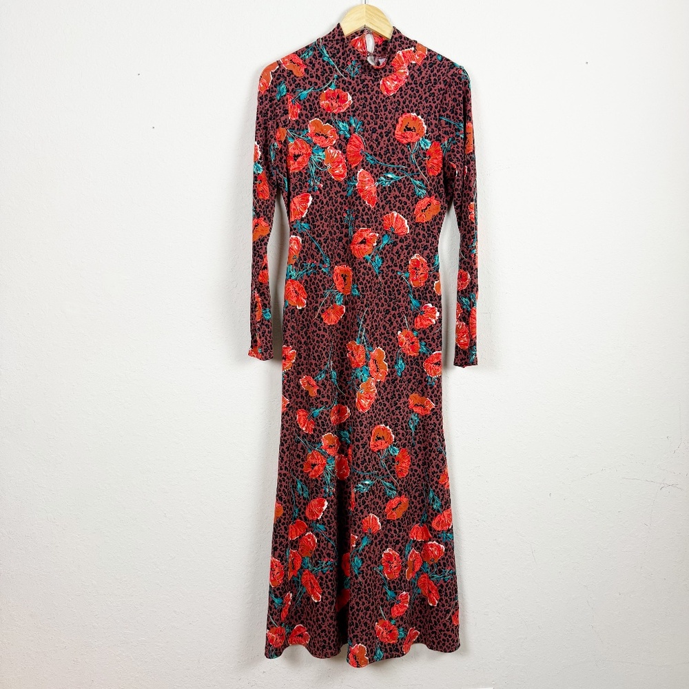 Free People Red Floral Velvet Maxi Dress with Teal Accents